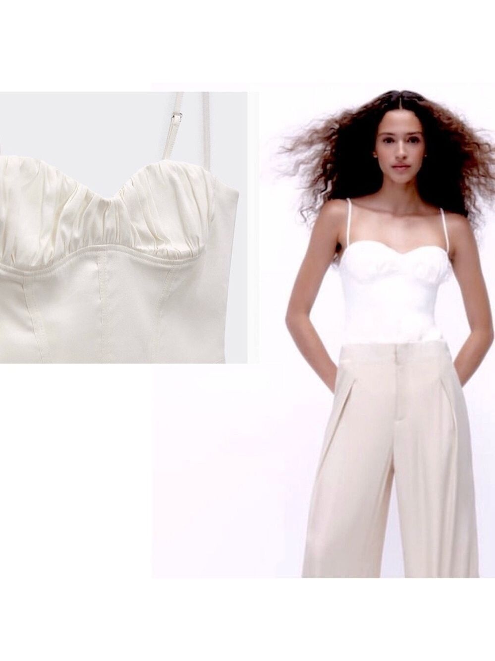 Zara white linen blend ruched sweetheart neck spaghetti strap corset bodysuit XL